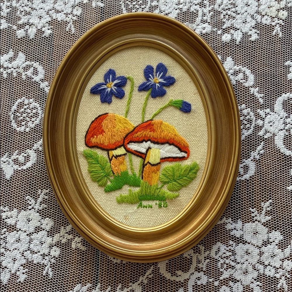 Handcrafted Mushroom and Flower Embroidery Art in Gold Frame